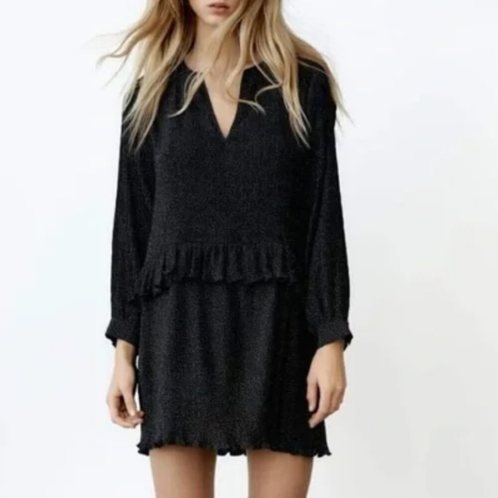 NWT Zara Black w/ white microdot and ruffle mini dress